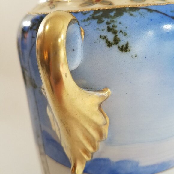 Antique Nippon 8.75" Vase Hand Painted Winter Scene Blue White Gold Tone Handles - Picture 14 of 16
